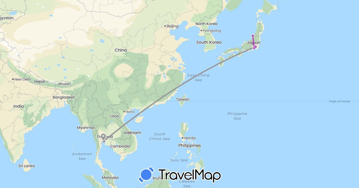 TravelMap itinerary: plane, train in Japan, Thailand (Asia)
